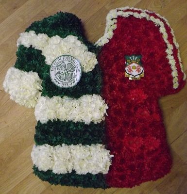 Half celtic and half wrexham football shirt