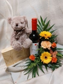 Red Wine & Flowers with Chocolates & Teddy