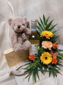 White Wine & Flowers with Chocolates & Teddy